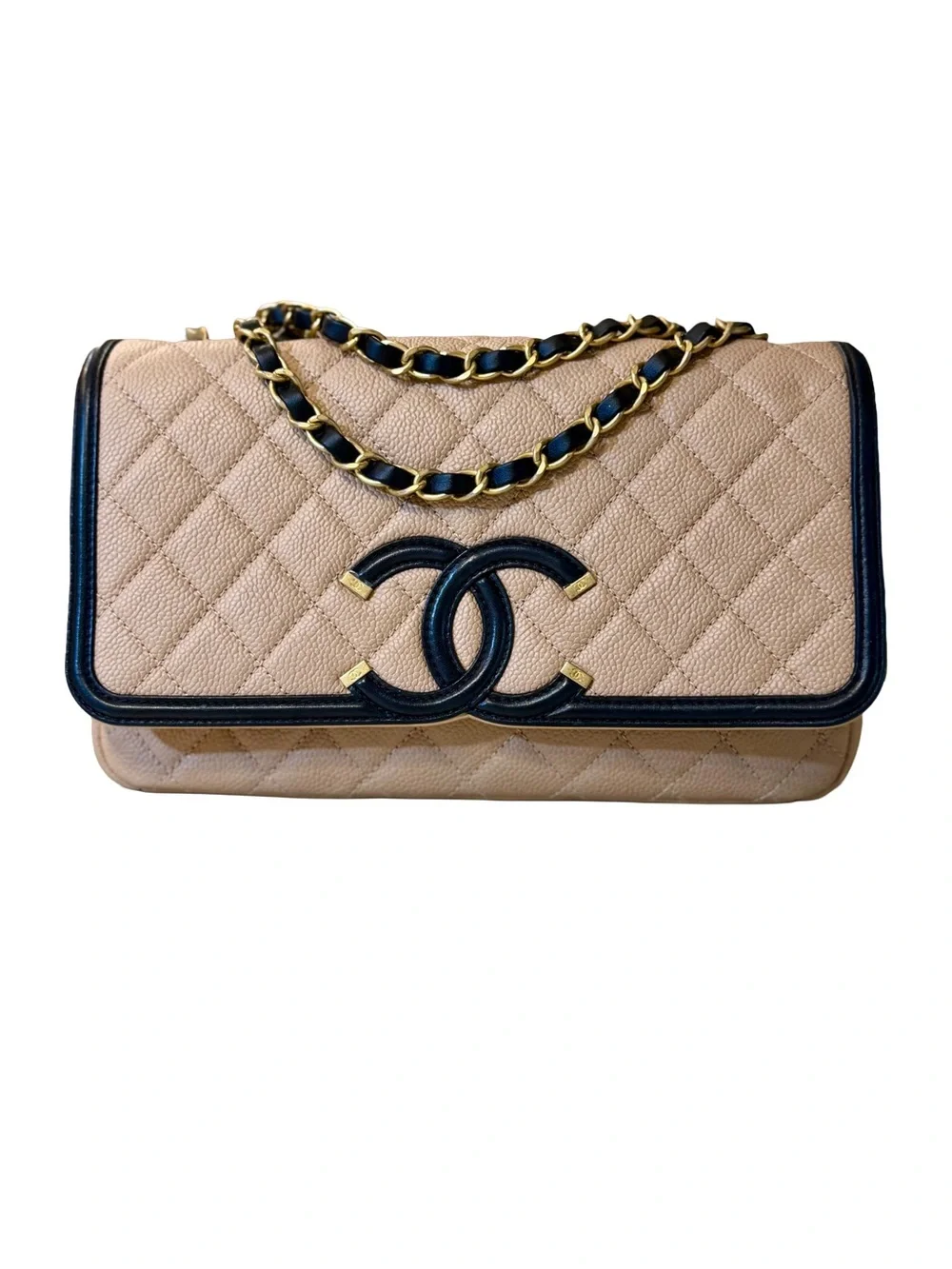 CHANEL Small CC Filigree Flap Bag Beige Black, Caviar Leather GHW